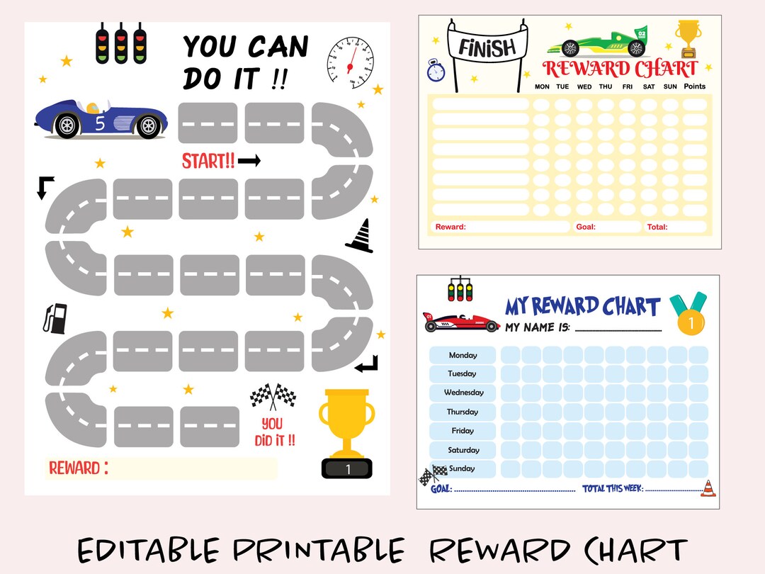 Editable Race Car Games Reward Chart, Printable Reward Chart, Chore