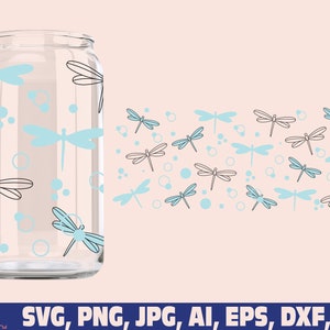 16oz Glass Can Cutfile, Blue Dragonfly, Svg Dxf Png Files Digital Download, Dragonfly Tumbler, Svg Glass Cup, Tumbler Wrap, Svg Wrap File