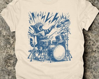 Drummer Shirt, Vintage Cat Playing Drums, Comfort Colors® Tee, Cat Lover Gift, Music Concert Shirt, Retro Drumming Cat Graphic T-Shirt