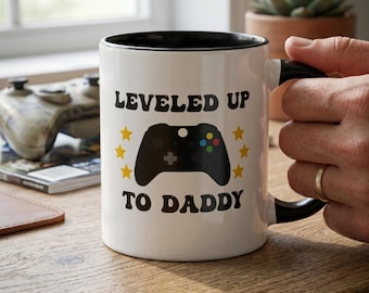 Gamer Dad Coffee Mug for Expecting Father, First Time Dad Reveal, Modern Controller Aesthetic, Leveling Up New Parent Ceramic Cup