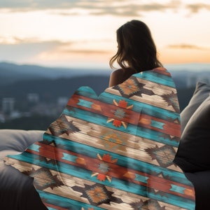 Aztec Sherpa Fleece Blanket, Western Style Throw Blanket, Southwestern Blanket, Host Gift, Sherpa Fleece Blanket, Western Gift