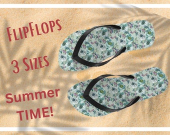 Women's Elegant Floral Flip-Flops, Mint Flowery Flipflops, Floral Beach Flip Flops