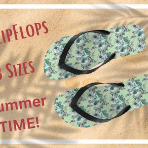 Mint Green Floral Flip-Flops, Flowery Flipflops, Floral Beach Flip Flops