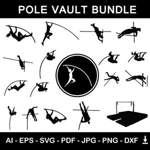 Pole Vault Game Silhouette Bundle | Pole Vault Game Players with Logo and Pole Vault Game Equipment | Digital Download Vector Files