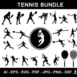 Tennis Silhouette Bundle | Tennis Players with Logo and Tennis Equipment | Digital Download Vector Files