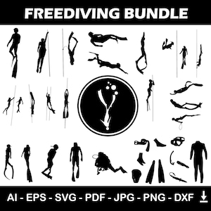 Può includere: Un pacchetto di illustrazioni in bianco e nero con varie sagome e attrezzature per l'apnea. Il testo "FREEDIVING BUNDLE" è in alto. Include immagini di subacquei, pinne, maschere e mute. Formati di file: AI, EPS, SVG, PDF, JPG, PNG e DXF.