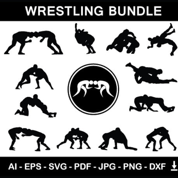 Wrestling Silhouettes Bundle | Wrestling Players with Wrestling Logo and Wrestling Equipment | Download Vector Digital File