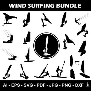 Peut inclure: Un ensemble graphique en noir et blanc présentant diverses silhouettes de planche à voile. L'image comprend plusieurs illustrations de véliplanchistes, de voiles et de planches, avec le texte "WIND SURFING BUNDLE" en haut et les formats de fichiers en bas.
