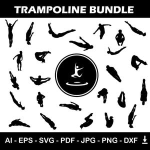 Puede incluir: Un conjunto de 25 ilustraciones en silueta en blanco y negro de personas realizando diversos trucos de trampolín. Las ilustraciones están dispuestas en forma circular alrededor de un círculo negro con una silueta blanca de una persona realizando un truco de trampolín dentro del círculo. El texto "TRAMPOLINE BUNDLE" está en la parte superior de la imagen.