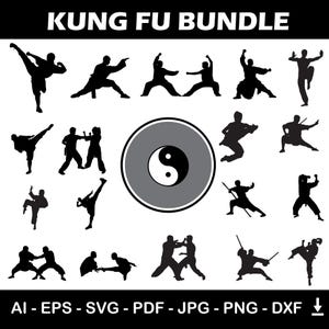 Kung Fu Silhouette Bundle | Kung Fu Players with Logo and Kung Fu Equipment | Digital Download Vector Files