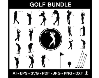 Paquete de silueta de golf / Jugadores de golf con logotipo y equipo de golf / Archivos vectoriales de descarga digital