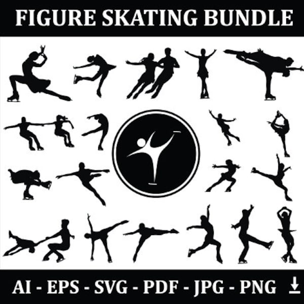 Figure Skating Sports Silhouette Bundle | Figure Skating Players with Logo and Figure Skating Equipment | Digital Download Vector Files