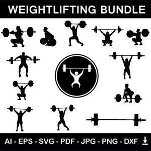 May include: A set of 10 black and white silhouette vector illustrations of weightlifters in various poses. The illustrations are perfect for use in fitness-related projects, such as websites, social media, or print materials.