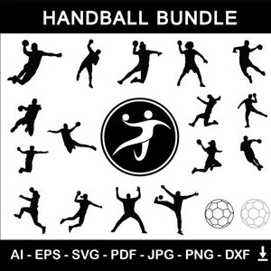 Handball Silhouette Bundle | Handballspieler mit Logo und Handballausrüstung | Digitaler Download Vektor-Dateien