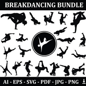 Breakdancing Sports Silhouette Bundle | Breakdancing Players with Logo and Breakdancing Equipment | Digital Download Vector Files