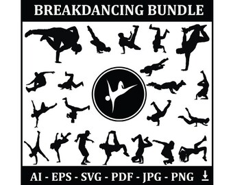 Breakdance Sport Silhouet Bundel | Breakdance-spelers met logo en breakdance-uitrusting | Digitale download vectorbestanden