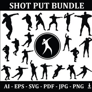 May include: A black and white digital illustration set of 18 athletes in various poses, all performing the shot put. The title "SHOT PUT BUNDLE" is at the top of the image. The text "AI - EPS - SVG - PDF - JPG - PNG" is at the bottom of the image.
