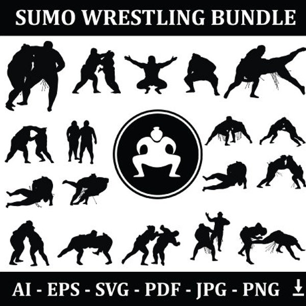 Sumo wrestling Sports Silhouette Bundle | Sumo wrestling Players with Logo and Sumo wrestling Equipment | Digital Download Vector Files