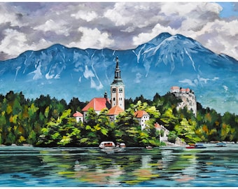 A4 giclée print of Lake Bled, from an original oil painting, Slovenia landscape art, contemporary artwork