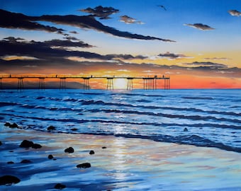 Giclée print of Saltburn beach and pier, sunset seascape, from an original oil painting, North Yorkshire landscape art, contemporary artwork