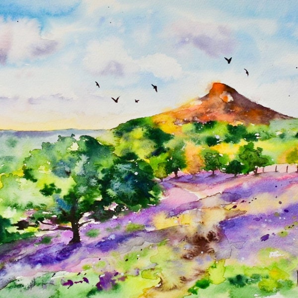 A4 giclée print of Roseberry Topping with bluebells, from an original watercolour, North York Moors landscape art, contemporary artwork