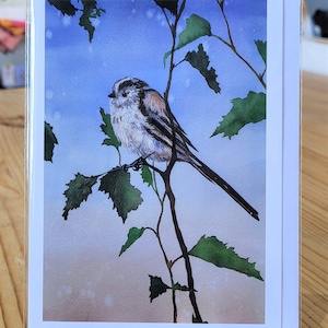 Carte de vœux de mésange à longue queue basée sur une peinture à l’aquarelle originale, vierge à l’intérieur