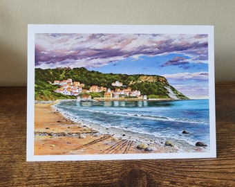 Cartão comemorativo da baía de Runswick baseado em pintura a óleo original, em branco por dentro