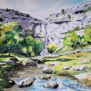 A4 giclée print of Malham Cove, from an original watercolour painting, Yorkshire Dales landscape art, contemporary artwork, north yorkshire