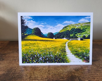 Cartão comemorativo de Muker, Yorkshire Dales baseado em pintura a óleo original, em branco por dentro