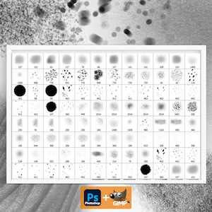 Puede incluir: Una cuadr&iacute;cula de 64 pinceles de Photoshop en blanco y negro. Los pinceles est&aacute;n dispuestos en filas y columnas. Los pinceles son de varias formas y tama&ntilde;os, incluyendo c&iacute;rculos, cuadrados y salpicaduras.
