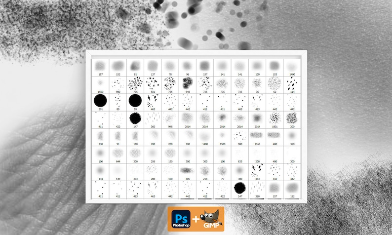 Puede incluir: Una cuadr&iacute;cula de 64 pinceles de Photoshop en blanco y negro. Los pinceles est&aacute;n dispuestos en filas y columnas. Los pinceles son de varias formas y tama&ntilde;os, incluyendo c&iacute;rculos, cuadrados y salpicaduras.