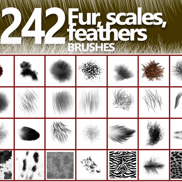 Fur Brushes, Animal Hair Brushes, Animal Brushes, Textures scales, Feathers Brushes, Animal Fur ABR, Overlay Fur,  Digital overlay, Clipart