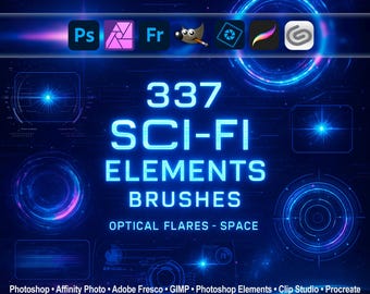 Sci-Fi Elements Brushes Optical Flares, Spaceship and Space ABR for Photoshop, GIMP and More, Elements, Adobe Fresco, Affinity Photo, Clip