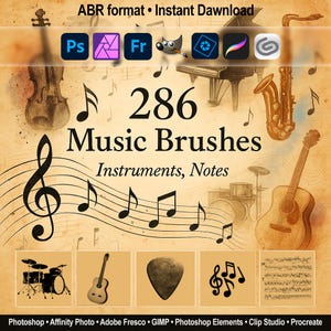 Music Brushes – Instruments, Notes & Overlays ABR for Photoshop, GIMP, Procreate, Digital downloads, Adobe Fresco