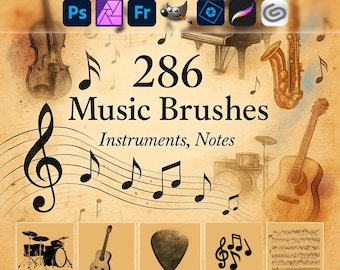 Music Brushes – Instruments, Notes & Overlays ABR for Photoshop, GIMP, Procreate, Digital downloads, Adobe Fresco