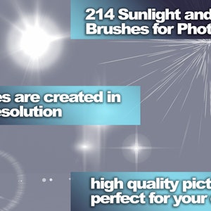 K&ouml;nnte beinhalten: 214 Sonnenlicht- und Blendpinsel f&uuml;r Photoshop. Das Bild zeigt eine Sammlung von hochaufl&ouml;senden Pinseln, mit denen realistische Sonnenlicht- und Blendeffekte in Photoshop erzeugt werden k&ouml;nnen.