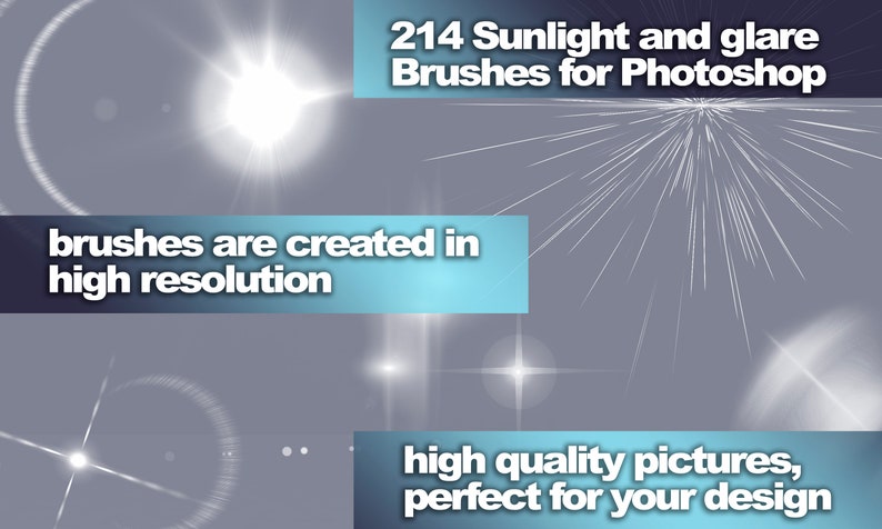 K&ouml;nnte beinhalten: 214 Sonnenlicht- und Blendpinsel f&uuml;r Photoshop. Das Bild zeigt eine Sammlung von hochaufl&ouml;senden Pinseln, mit denen realistische Sonnenlicht- und Blendeffekte in Photoshop erzeugt werden k&ouml;nnen.