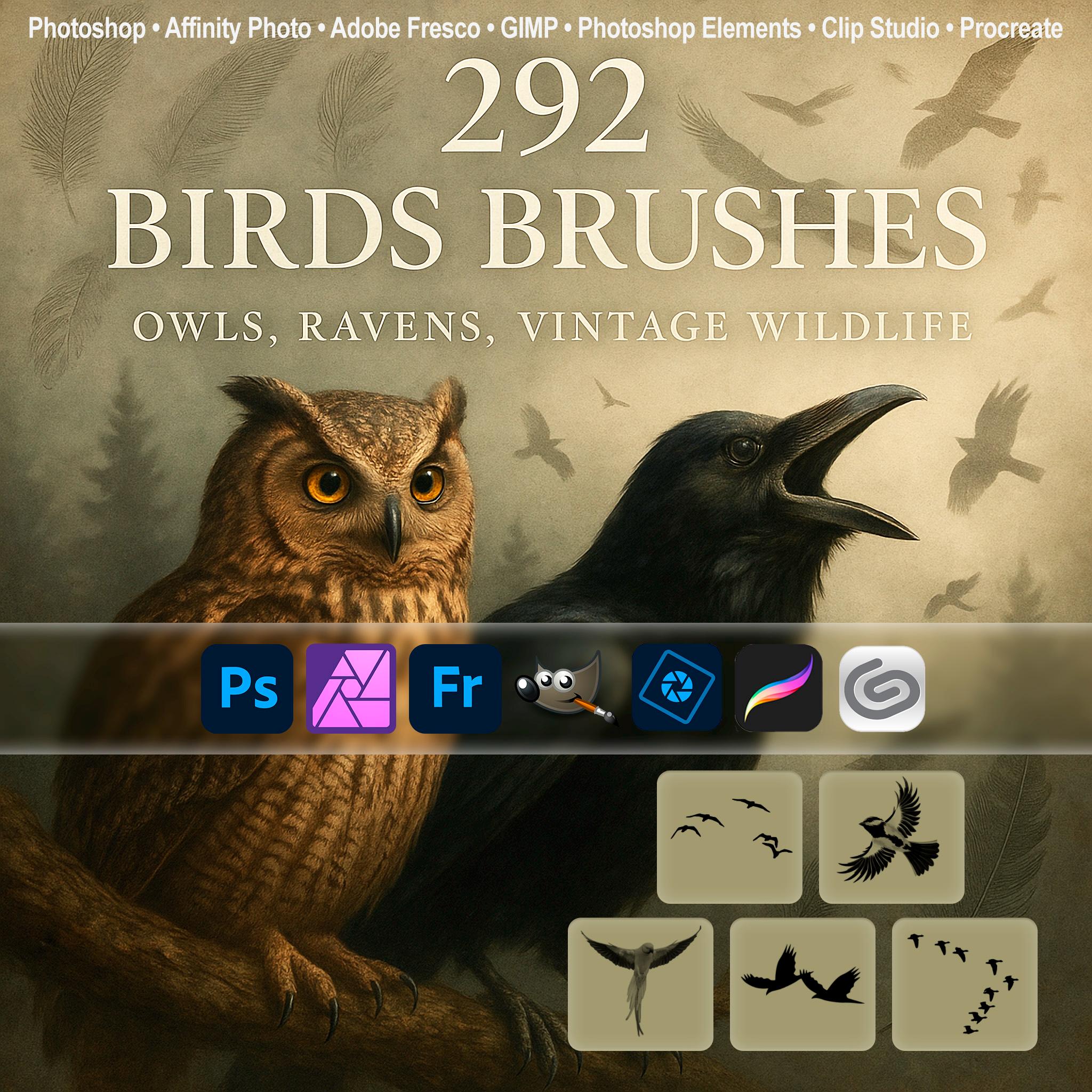 Birds Brushes &ndash; Owls, Ravens, Vintage Wildlife ABR for Photoshop, GIMP, Procreate, Fly Overlay