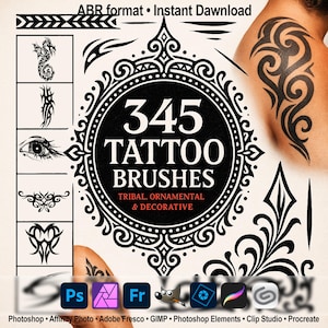 Tattoo Brushes – Tribal, Ornamental & Decorative ABR for Photoshop, GIMP, Procreate, Big set, Affinity Photo, Clip Studio