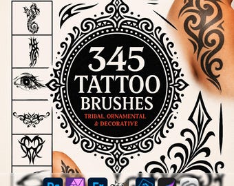 Tattoo Brushes – Tribal, Ornamental & Decorative ABR for Photoshop, GIMP, Procreate, Big set, Affinity Photo, Clip Studio