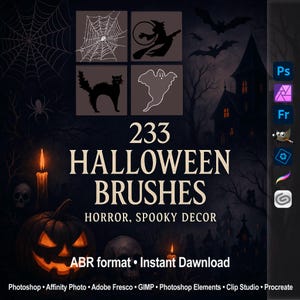 May include: A digital art graphic featuring Halloween-themed brushes. The image includes a jack-o'-lantern, a haunted house, and silhouettes of a witch, cat, and ghost. Text reads "233 Halloween Brushes" and "Horror, Spooky Decor."
