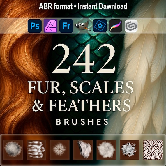 Fur, Scales & Feathers Brushes – for Photoshop, GIMP, Affinity, Clip Studio, ABR, Overlay Fur,  Digital overlay, Clipart