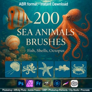 Sea Animals Brushes – Fish, Shells, Octopus ABR for Photoshop, GIMP, Procreate, Backgrounds, Turtle, Photoshop abr, Digital overlay