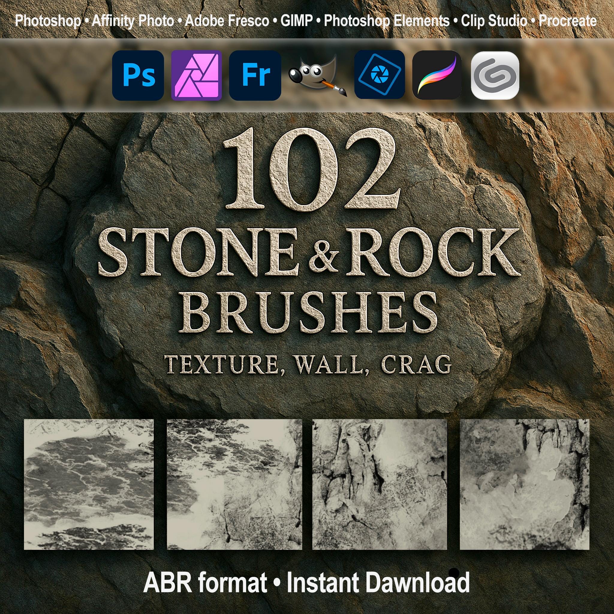 Pinceles de textura de piedra y roca ABR – 102 sellos realistas de muro, acantilado y peñasco para Photoshop, GIMP, Procreate