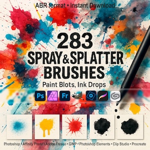 Spray & Splatter Brushes ABR | Paint Blots, Ink Drops, High-Res Texture for Photoshop, Procreate, GIMP and More