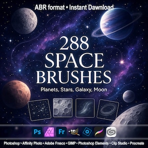 宇宙ブラシ Photoshop ABR | GIMP、Procreate、Affinity 用の惑星、星、銀河、月、宇宙オーバーレイ