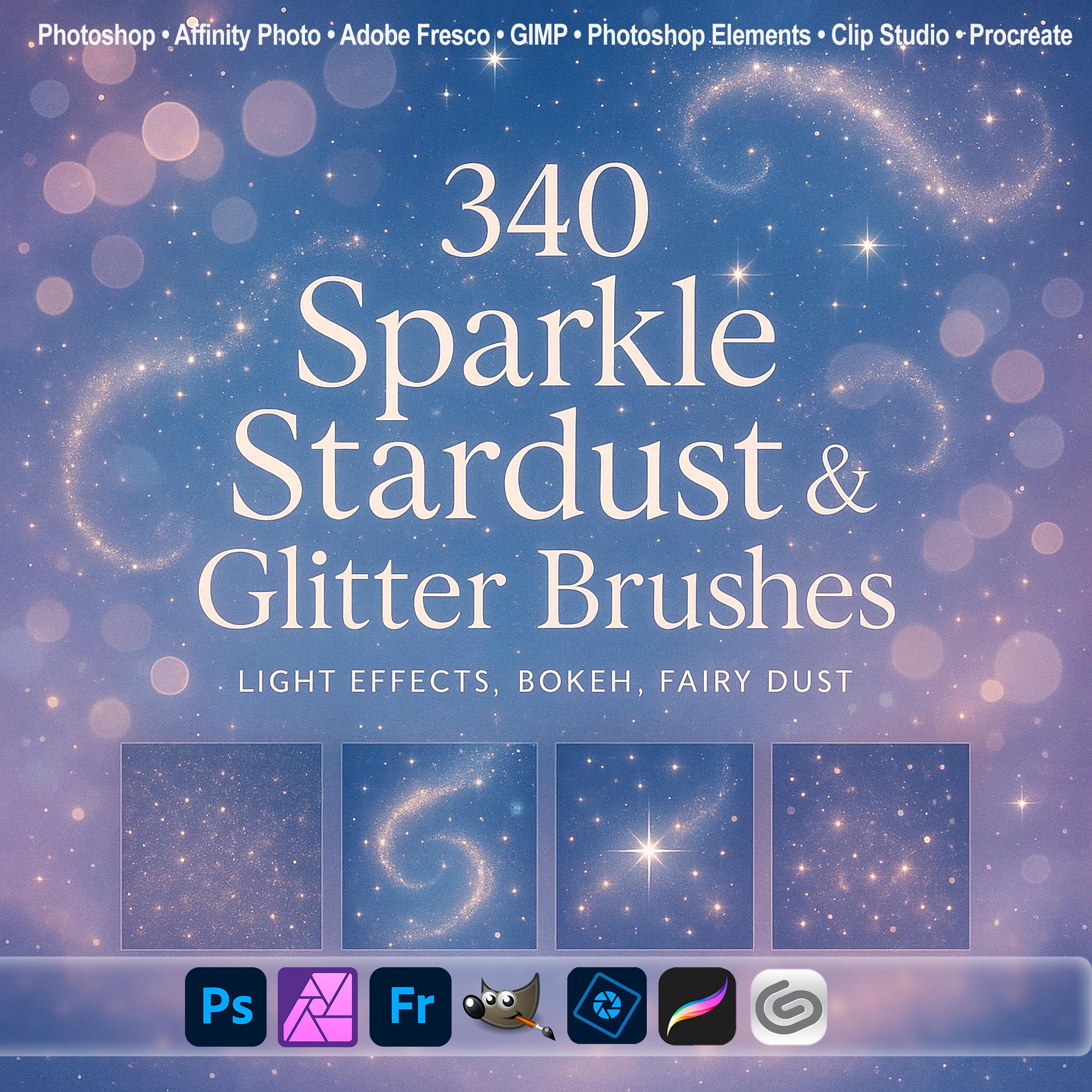 Sparkle Stardust & Glitter Brushes – 340 Light Effects, Bokeh Trails & Fairy Dust ABR for Photoshop, Procreate, GIMP
