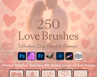 Love Brushes – Valentine's Day, Hearts & Romance ABR for Photoshop, GIMP, Procreate, Elements, Adobe Fresco, Affinity Photo, Clip Studio