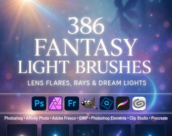 Fantasy Light Brushes – Lens Flares, Rays & Dream Lights ABR for Photoshop, Procreate, GIMP and More