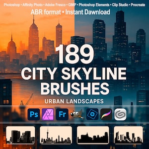 City Skyline Brushes – Urban Landscapes, Buildings & Architecture ABR for Photoshop, GIMP, Procreate, Elements, Adobe Fresco, Clip Studio
